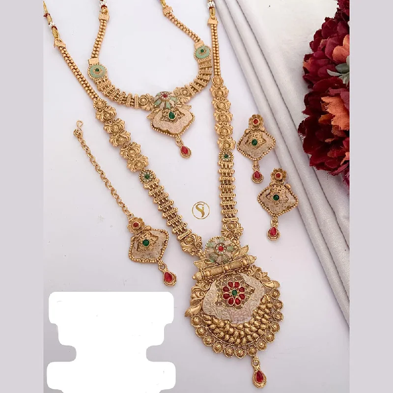 women’s choker diamond necklace-FS Collection Gold Plated Pota Stone And Meenakari Double Necklace Set