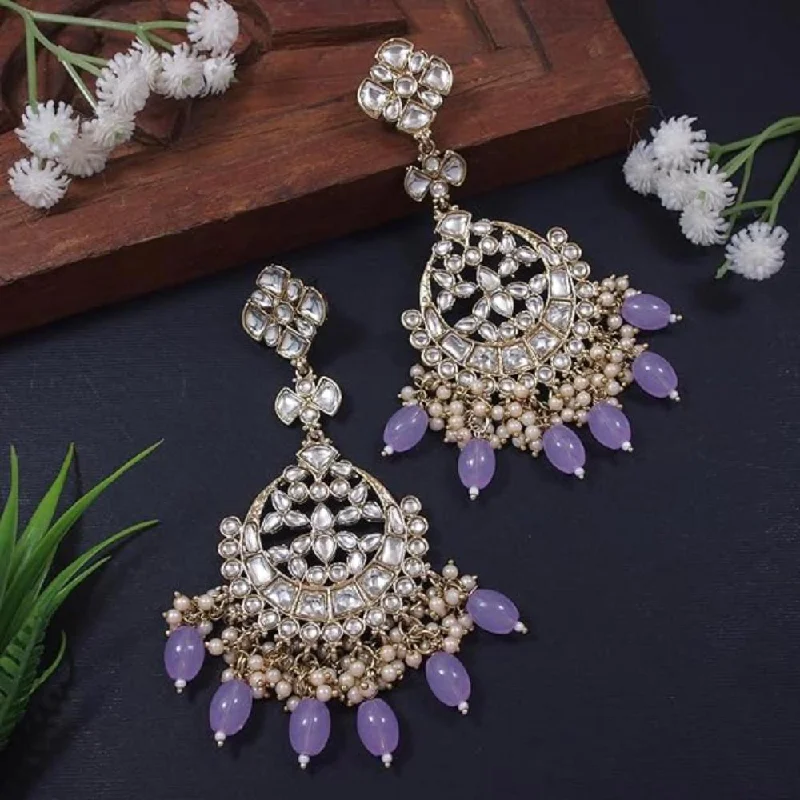 women’s vintage diamond earrings-Etnico Gold Plated Traditional Kundan & Pearl Chandbali Earrings For Women (E3157Pu)