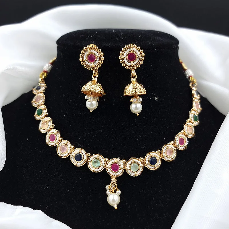 women’s engraved gold necklace-JCM Gold Plated Pota Stone And Pearls Necklace Set