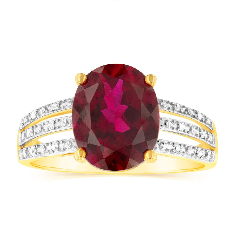 women’s luxury engagement ring-9ct Yellow Gold Oval Created Ruby and Diamond Ring