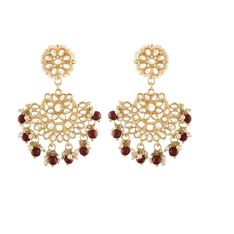 women’s gold crystal earrings-Etnico 18K Gold Plated Matt Finish Chandbali Earrings Handcrafted Kundan & Pearl (E2911M)