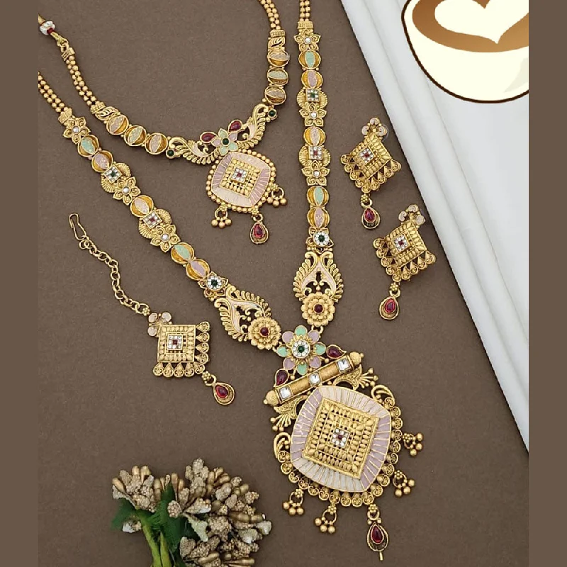 women’s delicate necklace-FS Collection Gold Plated Pota Stone And Meenakari Double Necklace Set