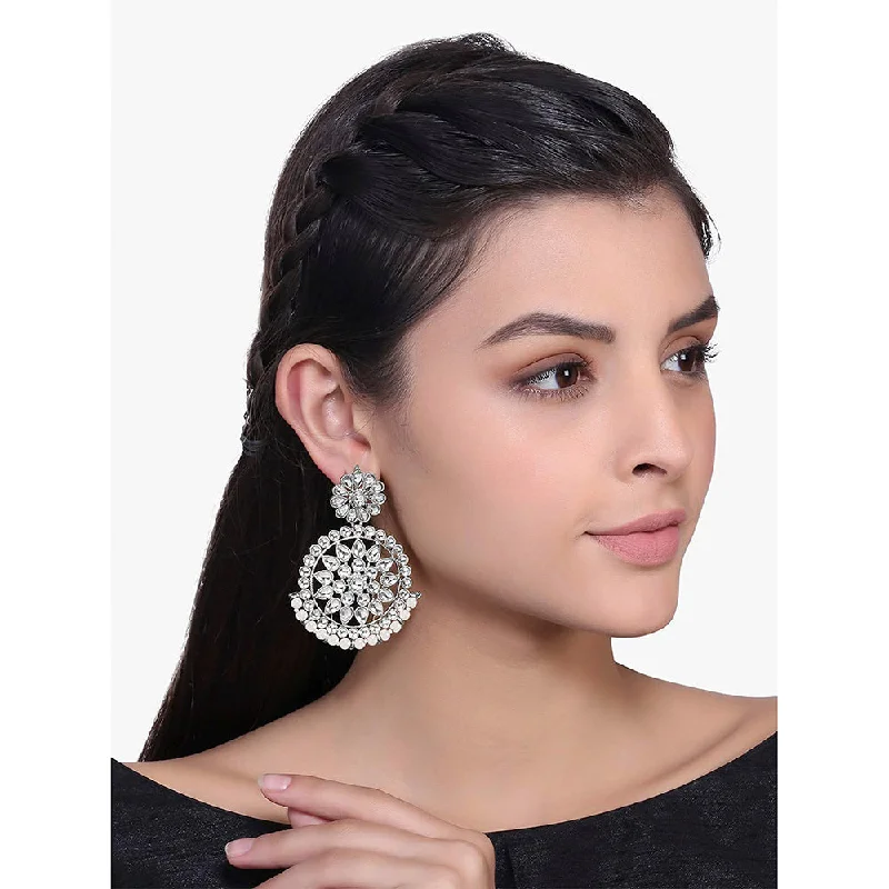 women’s classy hoop earrings-Etnico 18k Rhodium Plated Chandbali Earrings Glided With Kundans For Women/Girls (E2462ZW)