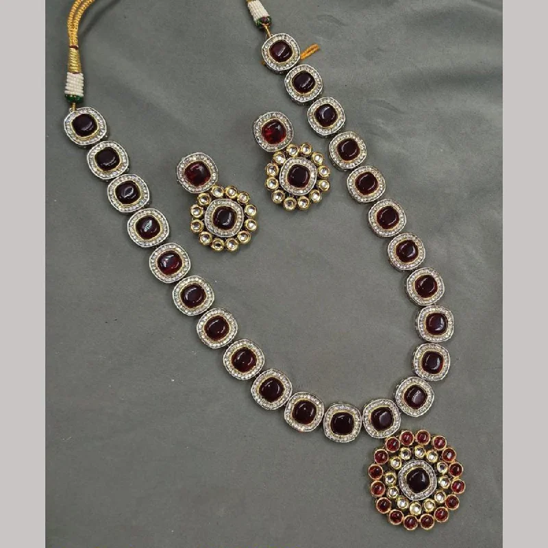 women’s decorative necklace-FS Collections Gold Plated Kundan Stone Long Necklace Set