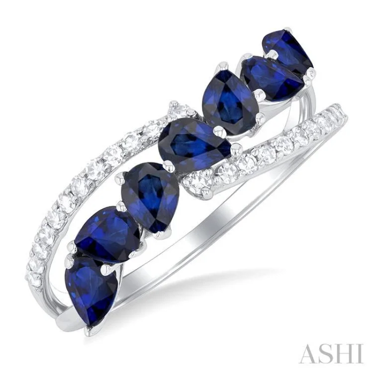 women’s wedding rings with diamonds-1/6 ctw Split Bypass 4X3MM Pear Cut Sapphire and Round Cut Diamond Precious Fashion Ring in 14K White Gold