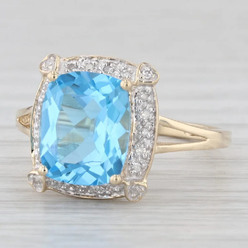 women’s gold engagement ring-5.08ctw Blue Topaz Diamond Ring 14K Yellow Gold Cushion Solitaire Halo Size 9.25