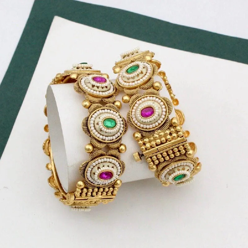 women’s engraved gold bracelet-Kavita Art Gold Plated Pota Stone Openable Bangles Set