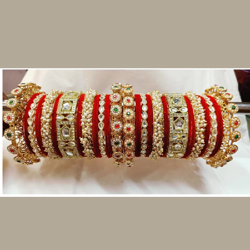 women’s wedding bracelet with diamonds-Pooja Bangles Gold Plated Pearl Velvet Bangles Set