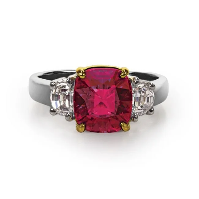 women’s cushion cut diamond ring-Platinum, 18k Yellow Gold, Ruby and Diamond Ring