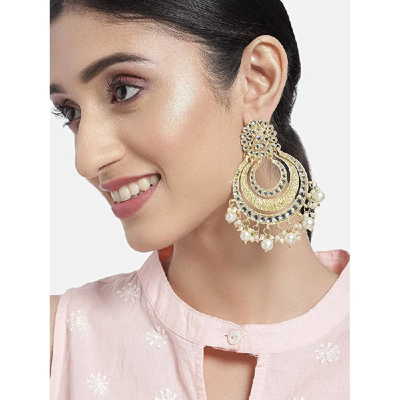 women’s bridal stud earrings-Etnico 18k Gold Plated Big Chandbali Earrings Glided With Kundan & Pearl for Women (E2860FL)