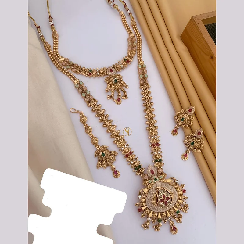 women’s layered gold necklace-FS Collection Gold Plated Pota Stone And Meenakari Double Necklace Set