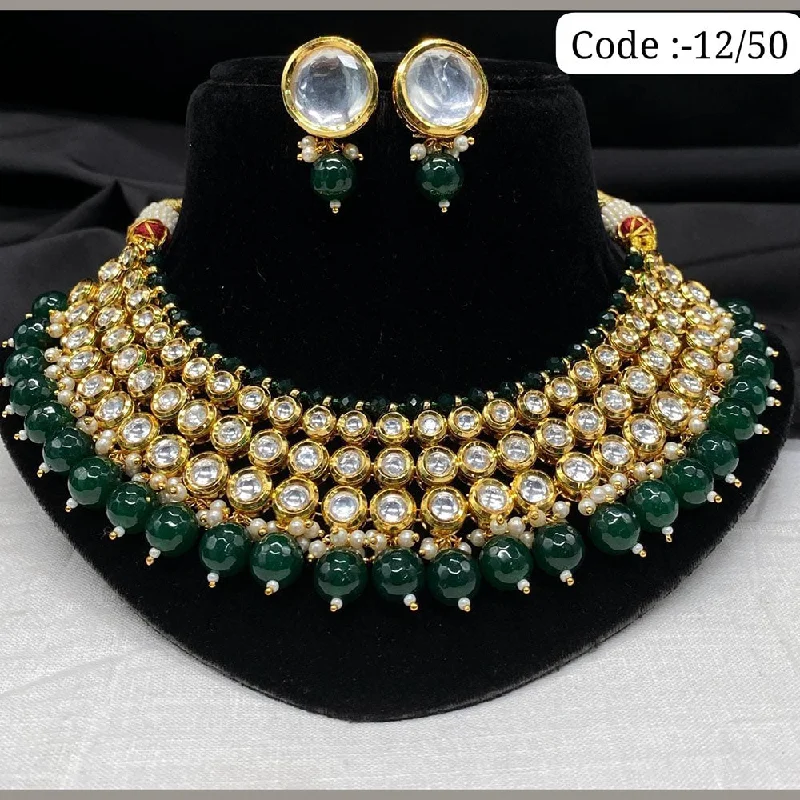 women’s long chain necklace-FS Collection Gold Plated Kundan Stone And Beads Necklace Set