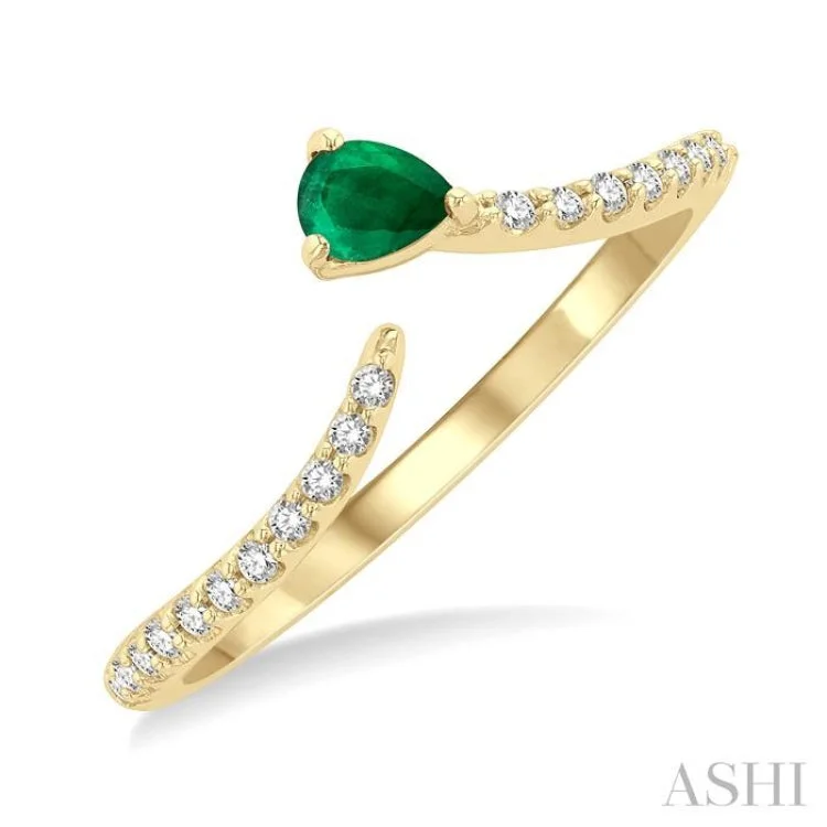 women’s silver ring-1/10 ctw Petite 4X3MM Pear Cut Emerald and Round Cut Diamond Precious Fashion Ring in 10K Yellow Gold