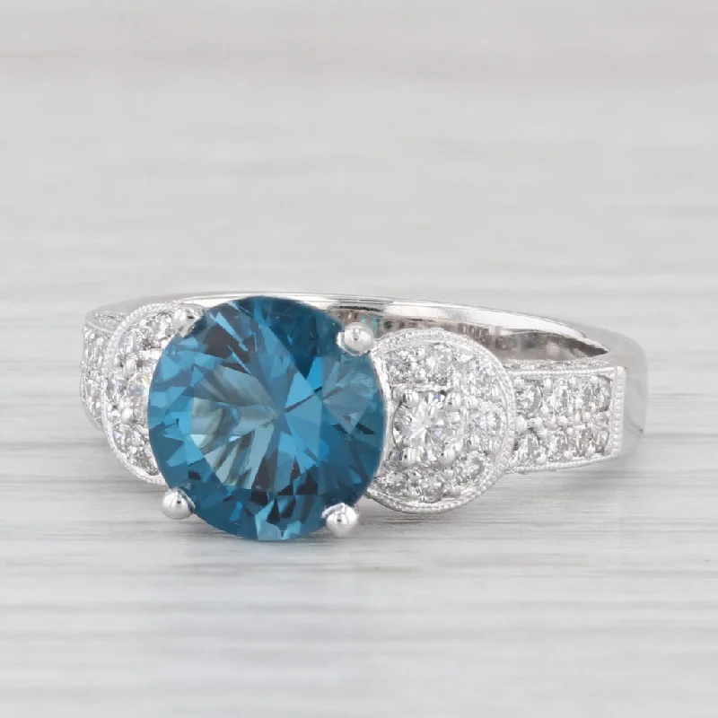 women’s classic gold engagement ring-3.94ctw Round London Blue Topaz Diamond Ring 18k White Gold Size 7.75-8