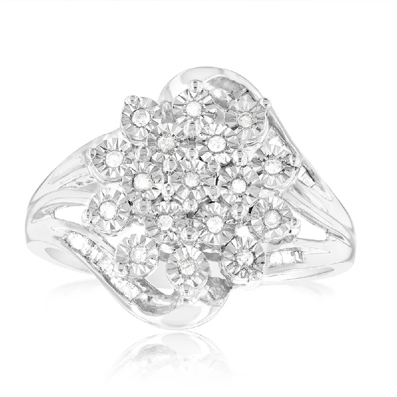 women’s classic solitaire engagement ring-Sterling Silver 1/6 Carat Diamond Ring With Round and Baguette Cut Diamonds