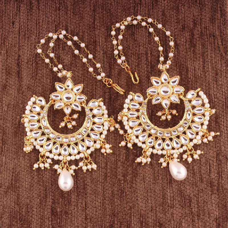 women’s round earrings-Etnico Traditional Gold Plated Chandbali Earrings With Hair Chain Encased With Faux Kundans For Women/Girls (E2453W)