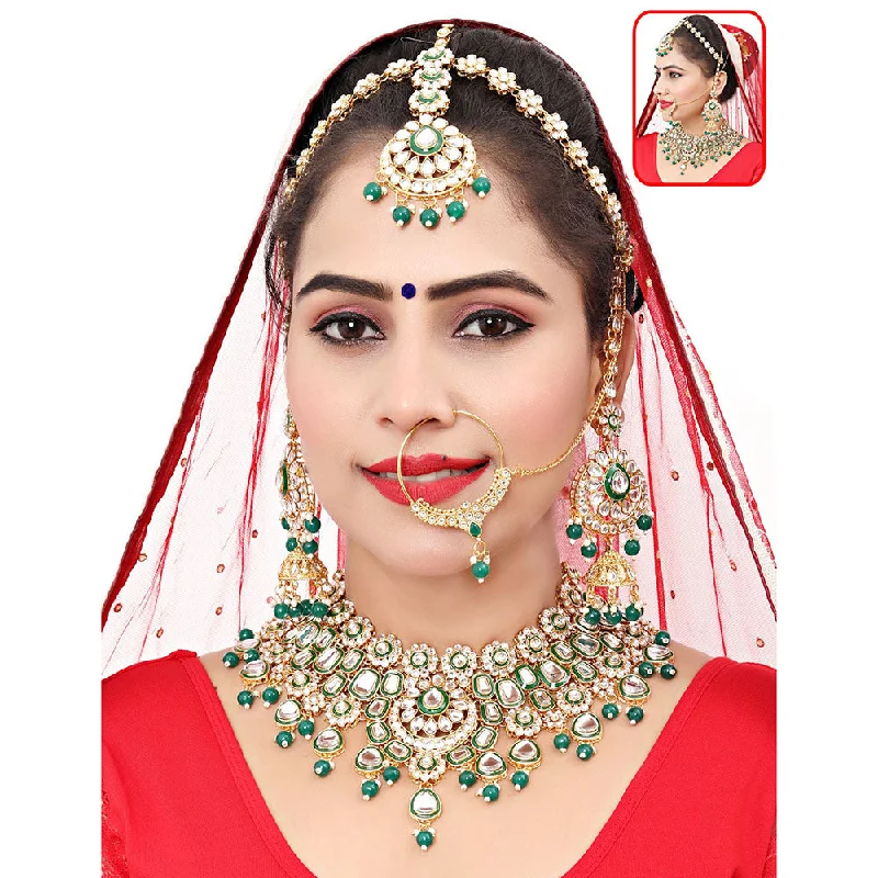 women’s textured necklace-Neetu Art Gold Plated Kundan Stone And Beads Semi Bridal Necklace Set