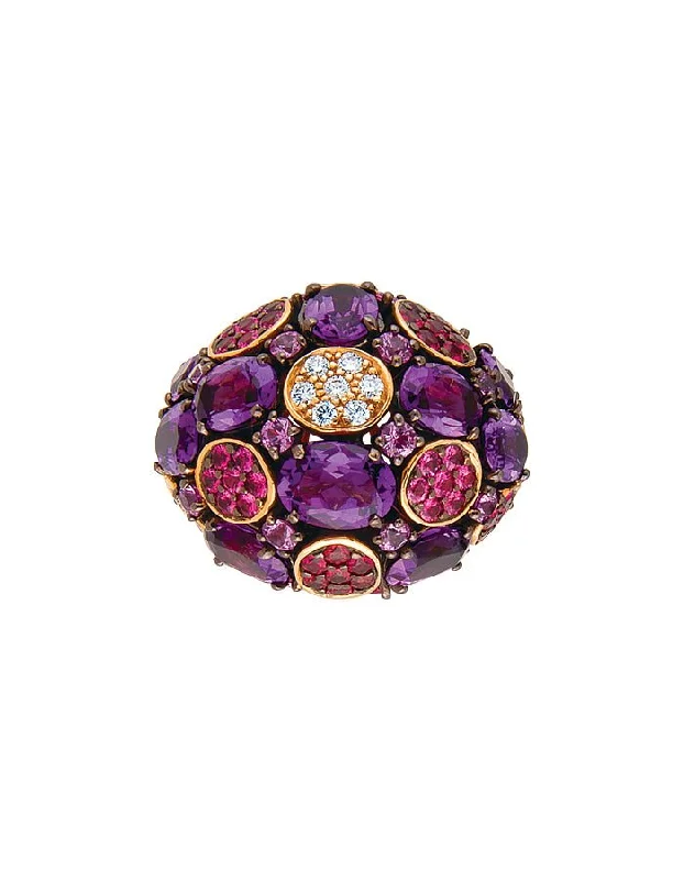 women’s trendy engagement ring-18k Yellow Gold, Amethyst, Sapphire and Diamond Ring