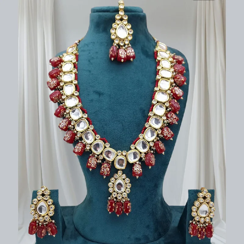 women’s bridal necklace-JCM Gold Plated Kundan Stone And Beads Necklace Set