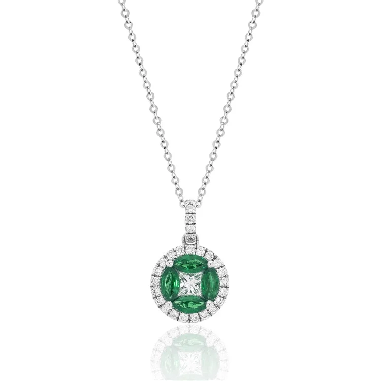 women’s gold necklace set-Luvente 14k White Gold Emerald and Diamond Necklace N02789