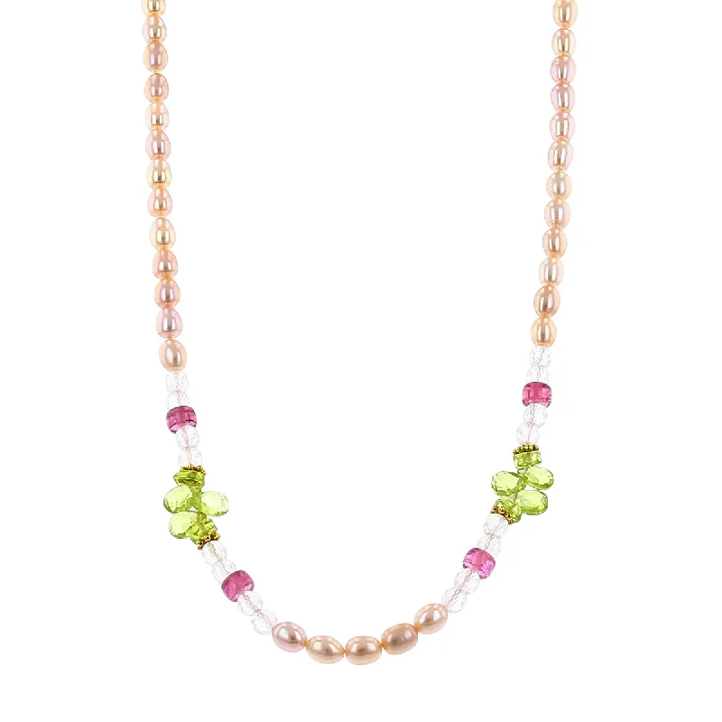 women’s diamond choker necklace-Pink Freshwater Pearl, Peridot and Tourmaline Necklace