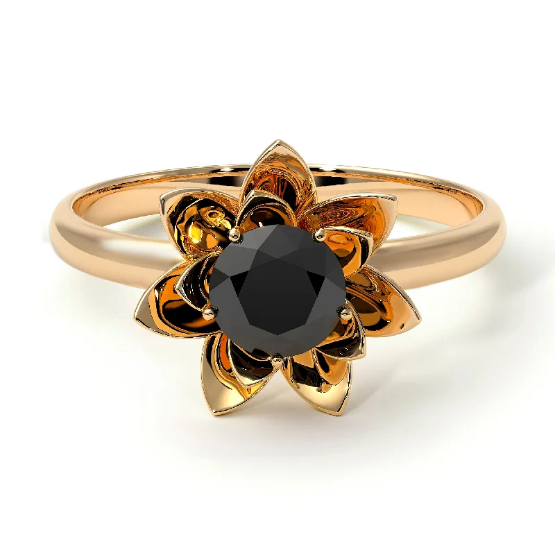 women’s unique engagement ring for women-Lotus Flower Solitaire Black Diamond Ring - Lotus no. 7