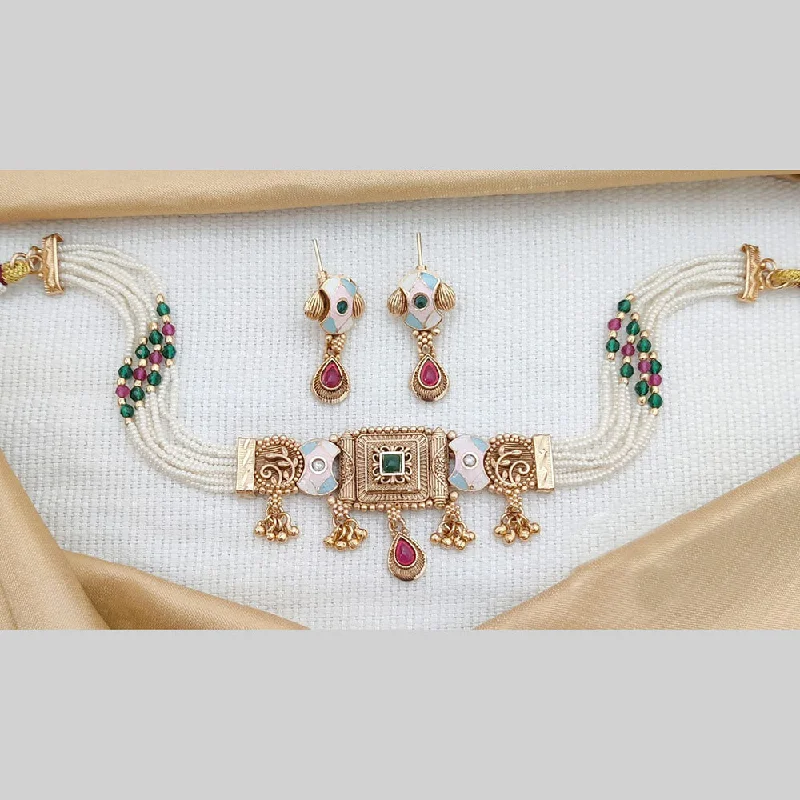 women’s silver necklace-Akruti Collection Gold Plated Kundan Stone And Meenakari Choker Necklace Set