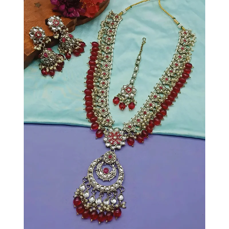 women’s elegant necklace-Gehana Mahal Kundan Stone And Meenakari Pearls Long Necklace Set