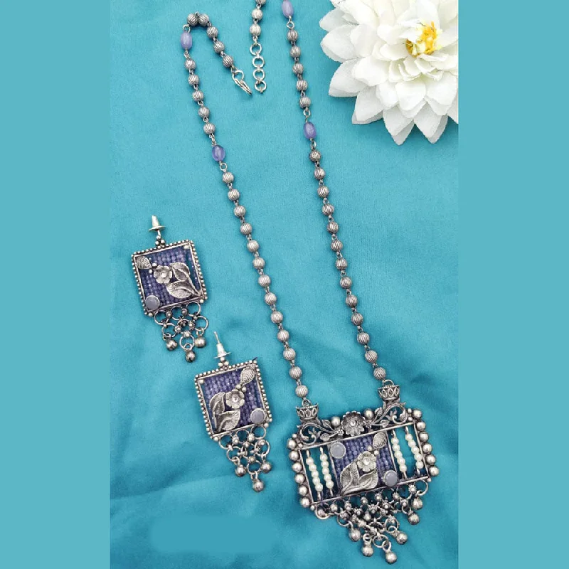 women’s luxury necklace-Fancyla Oxidised Plated Pota Stone And Pearls Long Necklace Set