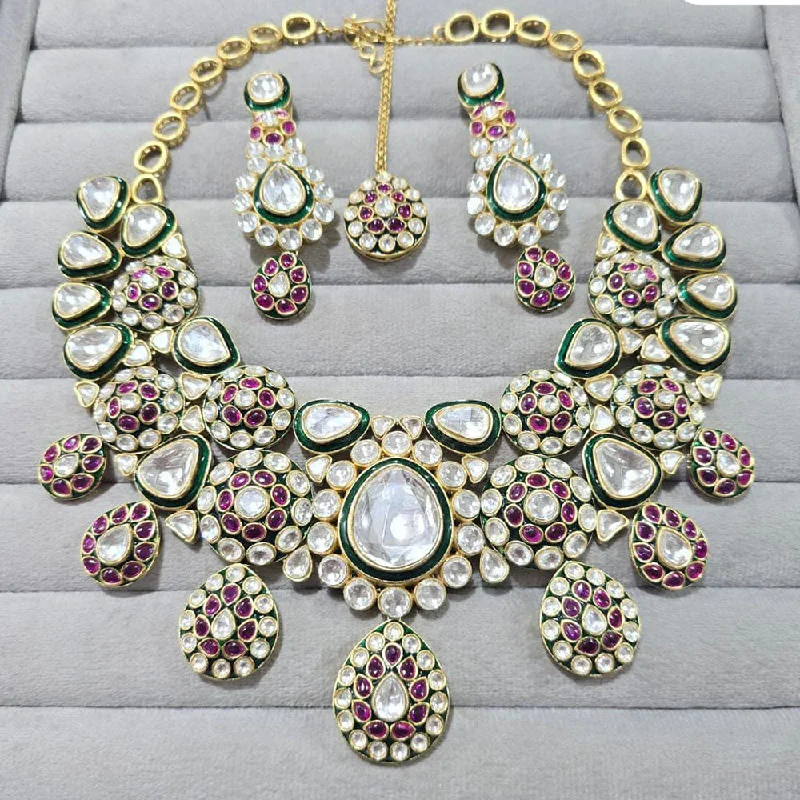 women’s sapphire pendant necklace-JCM Gold Plated Polki Kundan Stone And Meenakari Necklace Set