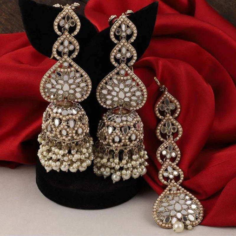 women’s geometric earrings-Akruti Collection Gold Plated Mirror And Pearls Earrings With Maangtikka