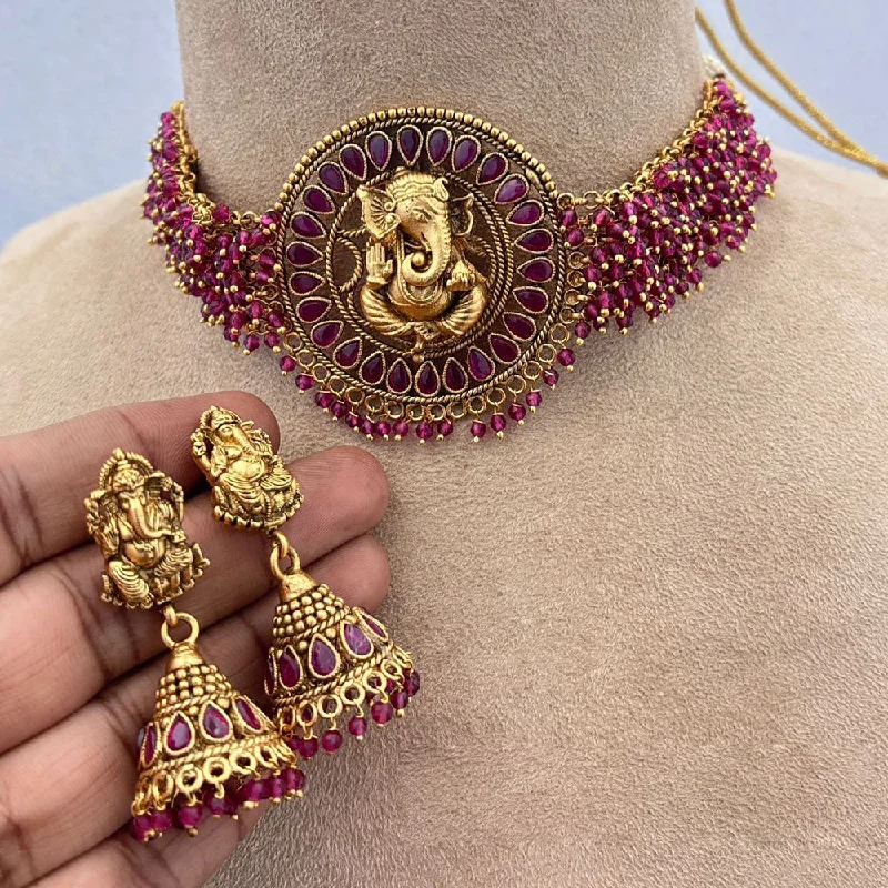 women’s charm necklace-Jewel Addiction Gold Plated Pota Stone And Pearls Lord Ganesha Choker Necklace Set