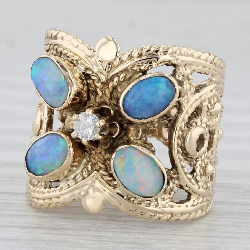 women’s stackable diamond engagement ring-Vintage Ornate Opal Diamond Ring 14k Yellow Gold Butterfly Size 6.75 Cocktail