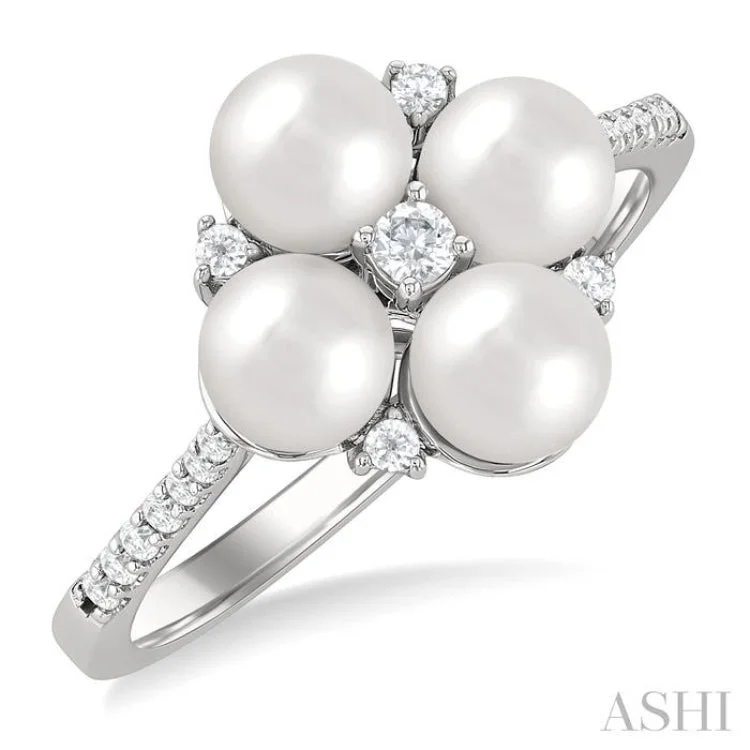 women’s halo ring-1/6 ctw Floral 5X5MM Cultured Pearls and Round Cut Diamond Fashion Ring in 10K White Gold