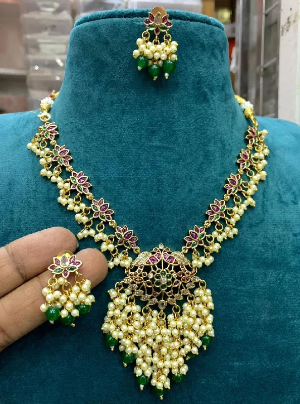 women’s custom necklace-Sona Creation Gold Plated Pota Stone And Pearls Necklace Set