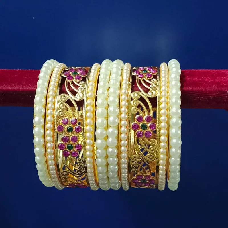 women’s customized bracelet-Pooja Bangles Gold Plated Austrian Stone And Pearl  Bangles Set