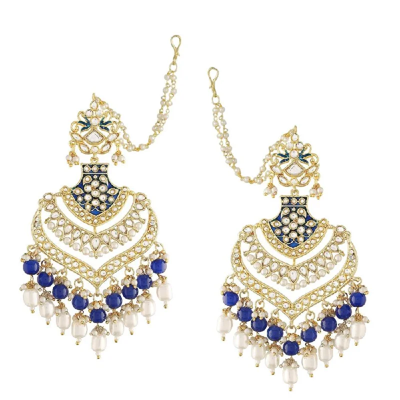 women’s drop earrings-Etnico Women's 18K Gold Plated Intricately Designed Traditional Long Earrings Enamel Glided with Kundans & Pearls (E2903) Blue