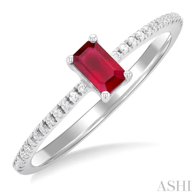 women’s engagement ring-1/10 ctw Petite 5X3MM Emerald Cut Ruby and Round Cut Diamond Precious Fashion Ring in 10K White Gold