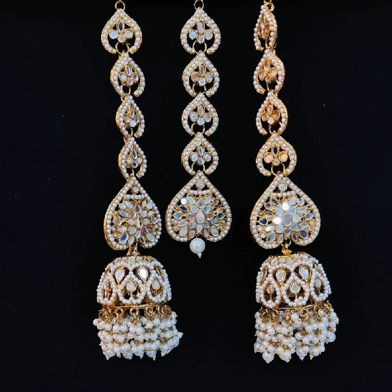 women’s diamond hoop earrings for women-Pooja Bangles Gold Plated Mirror And Pearls Jhumki Earrings With Maangtikka