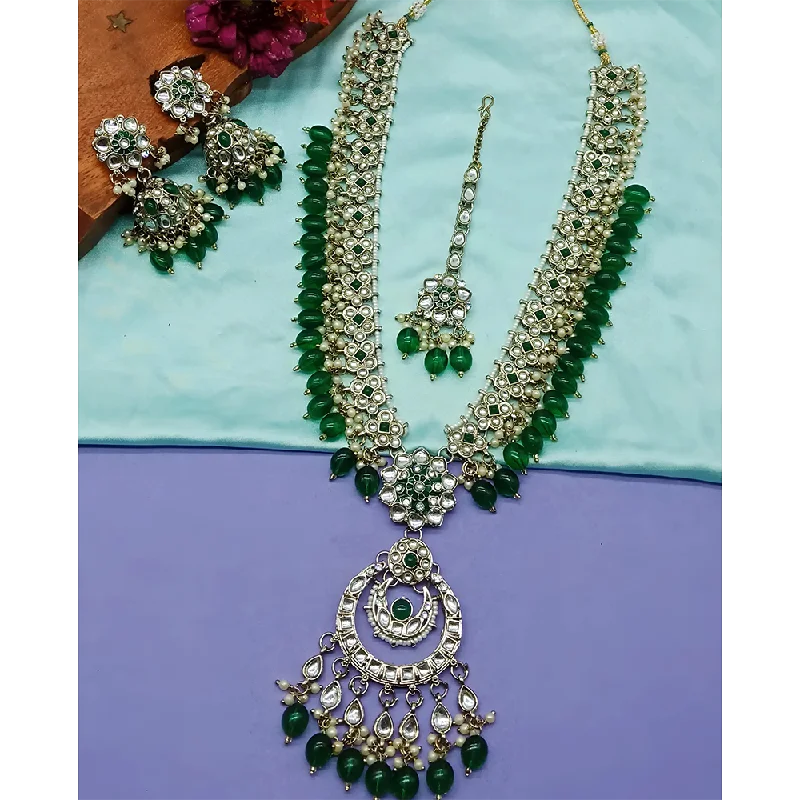 women’s sterling silver necklace-Gehana Mahal Kundan Stone And Meenakari Pearls Long Necklace Set