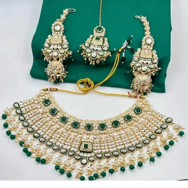 women’s chunky chain necklace-Neetu Art Gold Plated Kundan Stone And Beads Semi Bridal Necklace Set