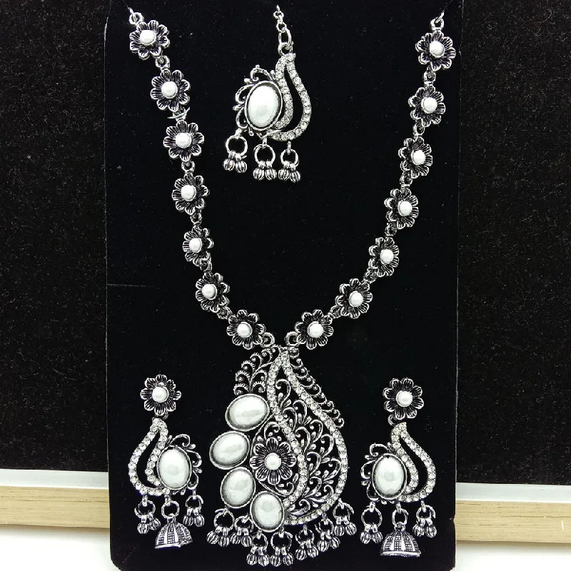 women’s anniversary necklace-SP Jewellery Oxidised Plated Pearl And Austrian Stone Necklace Set