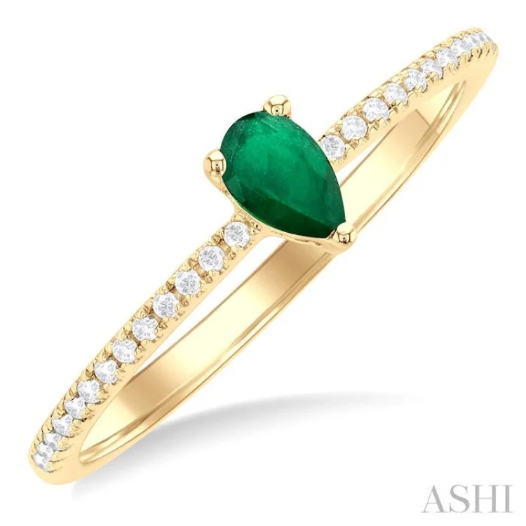 women’s emerald ring-1/10 ctw Petite 5X3MM Pear Cut Emerald and Round Cut Diamond Precious Fashion Ring in 10K Yellow Gold