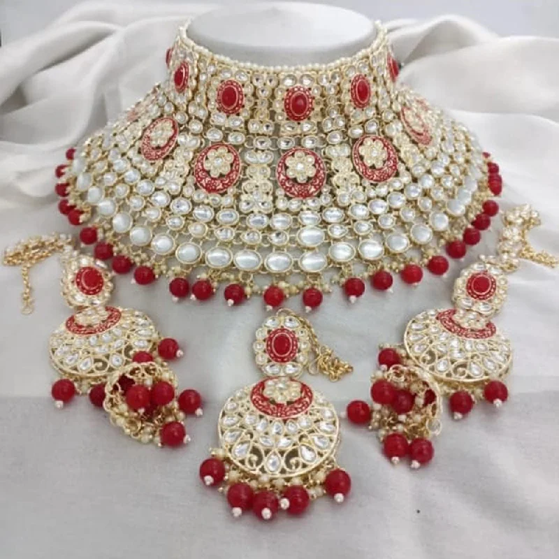 women’s sparkling necklace-Neetu Art Gold Plated Kundan Stone And Beads Semi Bridal Necklace Set