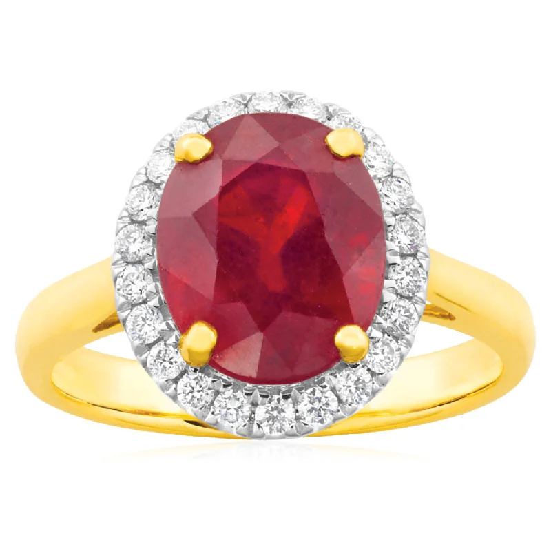 women’s oval engagement ring-9ct Yellow Gold Diamond 4.3ct Natural Enhanced/Heat Treated Ruby and 1/4 Carat Diamond Ring