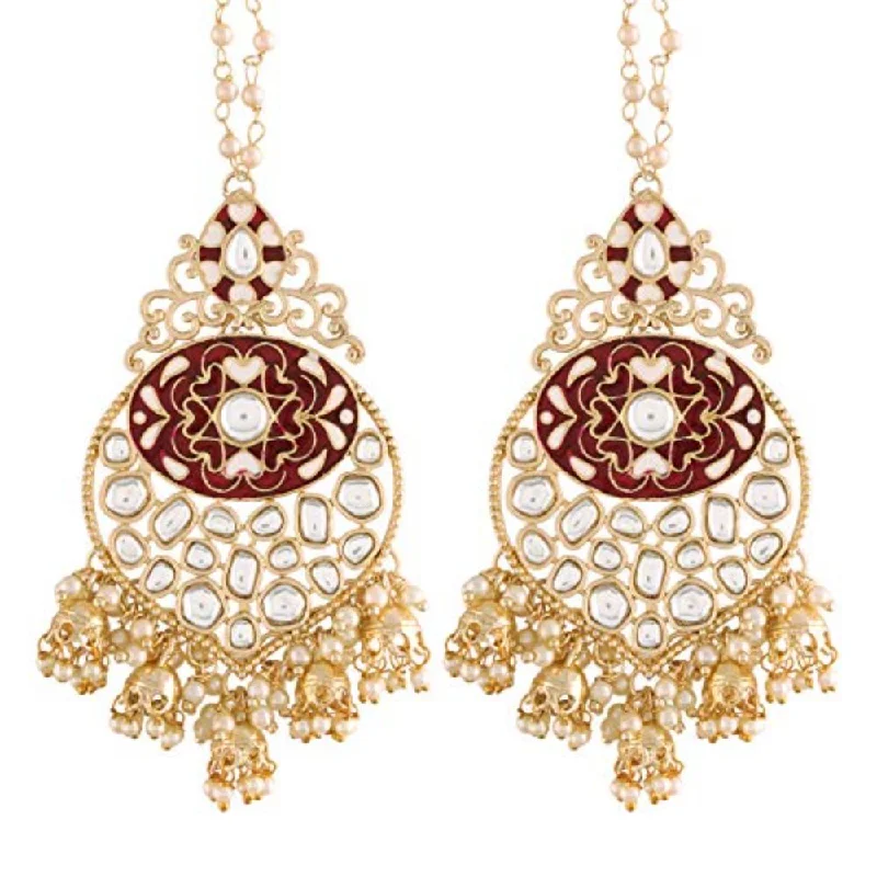 women’s chandelier earrings-Etnico 18K Gold Plated Intricately Designed Traditional Earrings with Detachable Hair Chain Encased With Kundans & Pearls (E2901M)