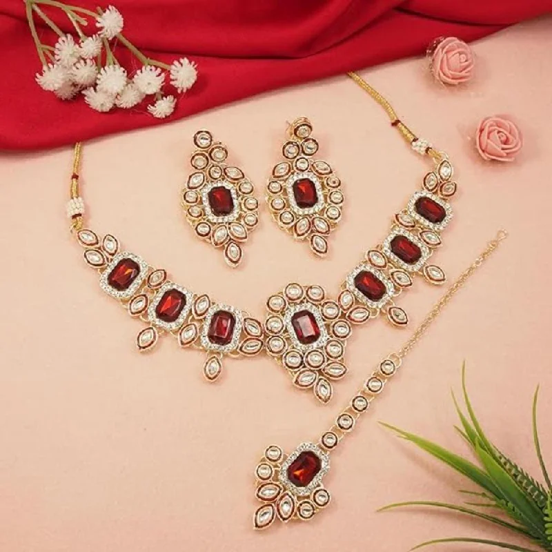 women’s fine necklace-Etnico Gold Plated Traditional Kundan & Stone Studded Choker Necklace Jewellery with Earrings & Maang Tikka Set for Women (IJ359) (Maroon-1)