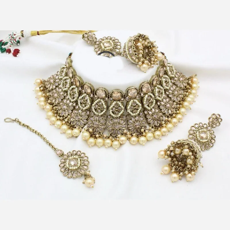 women’s statement gold necklace-Manisha Jewellery Gold Plated Crystal Stone And Beads Choker Necklace Set