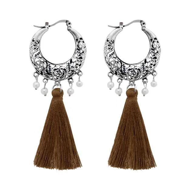 women’s rose gold earrings-Jeweljunk Brown Thread Rhodium Plated Tassel Earrings - 1310956E