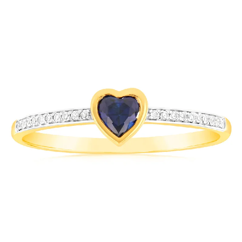 women’s custom engagement ring-Created Sapphire & Heart Shaped Diamond Ring in 9ct Yellow Gold